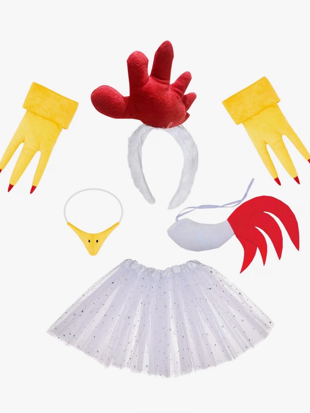 Rooster Costume Set White Tutu Headband Beak Tail & Feet Covers